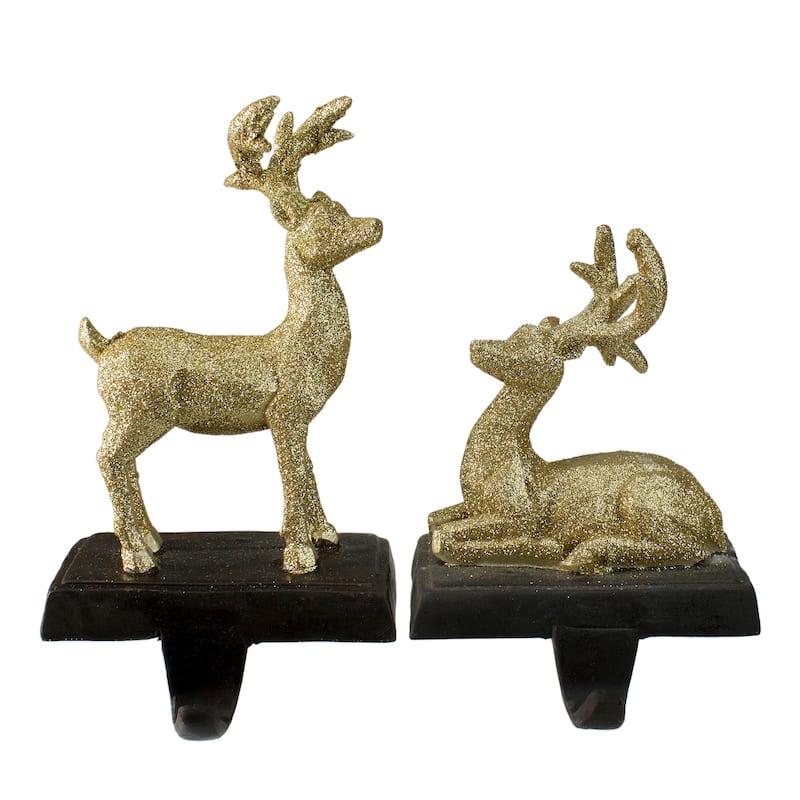 Set of 2 Gold Reindeer Glittered Christmas Stocking Holders 8.5"