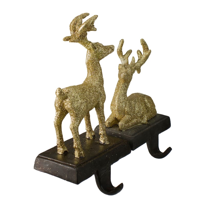 Set of 2 Gold Reindeer Glittered Christmas Stocking Holders 8.5"