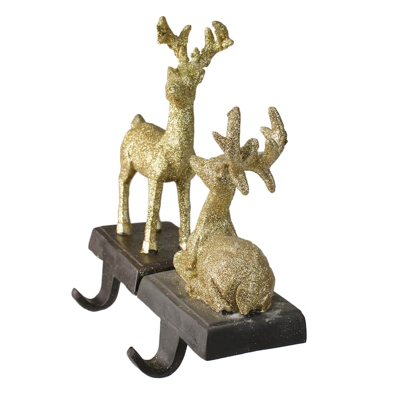 Set of 2 Gold Reindeer Glittered Christmas Stocking Holders 8.5"