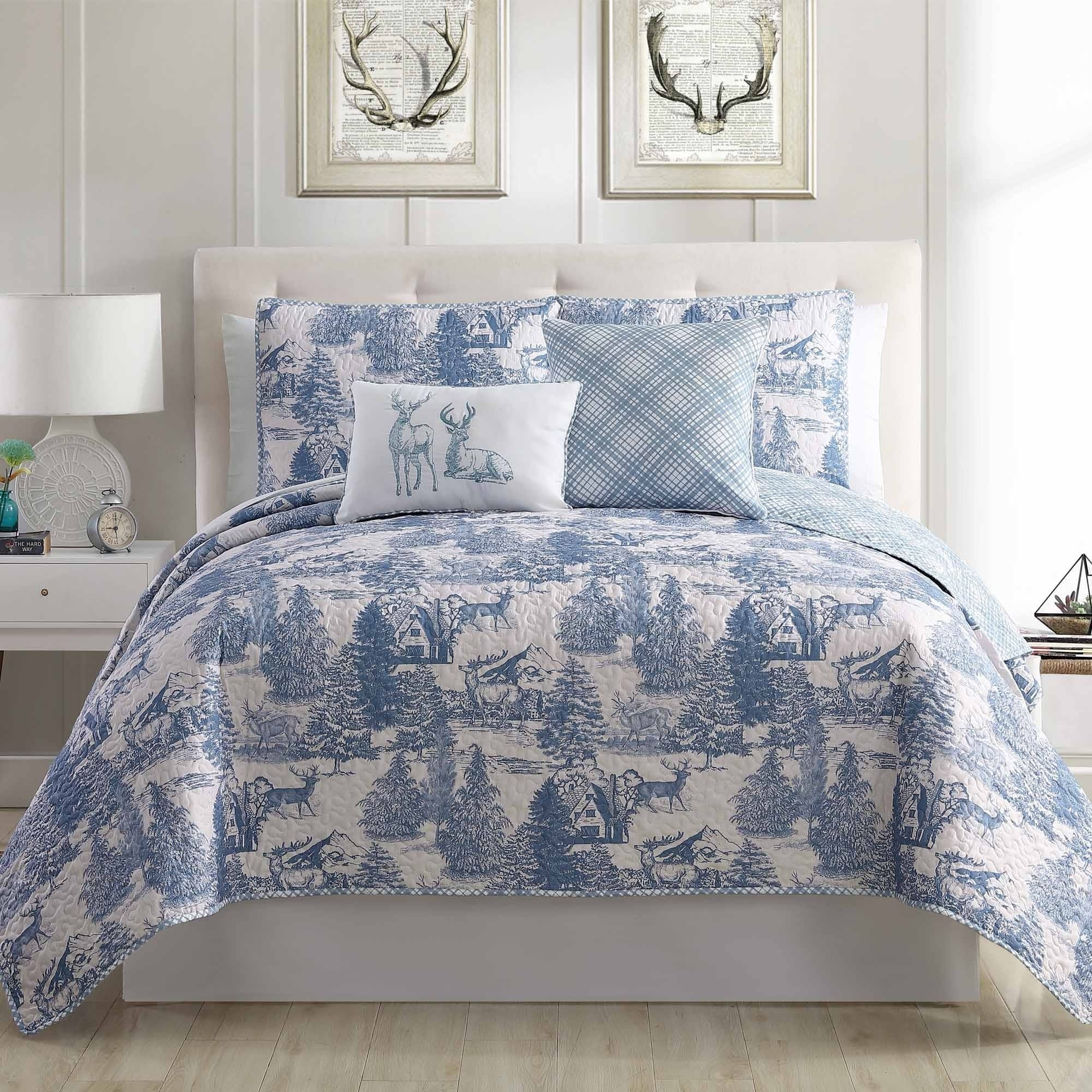 Quilt Comforter Set Reversible Bedding Holiday Decor Blue Toile 5