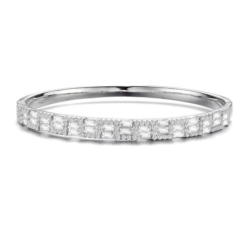 Collette Z Sterling Silver with Rhodium Plated Clear Round and Emerald Cubic Zirconia Two-Row Accent Bangle Bracelet
