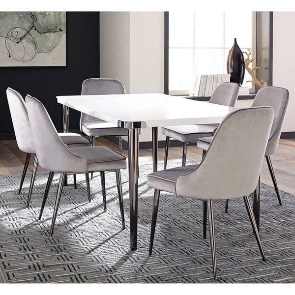 Shop White Glossy Top/Grey Velvet Chairs Wood/Metal Modern ...