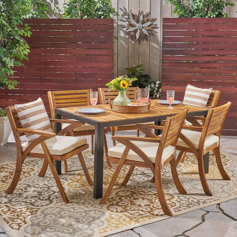 Bellmill Outdoor 6-Seater Rectangular Acacia Wood Dining Set by Christopher Knight Home - teak + black + cream cushion