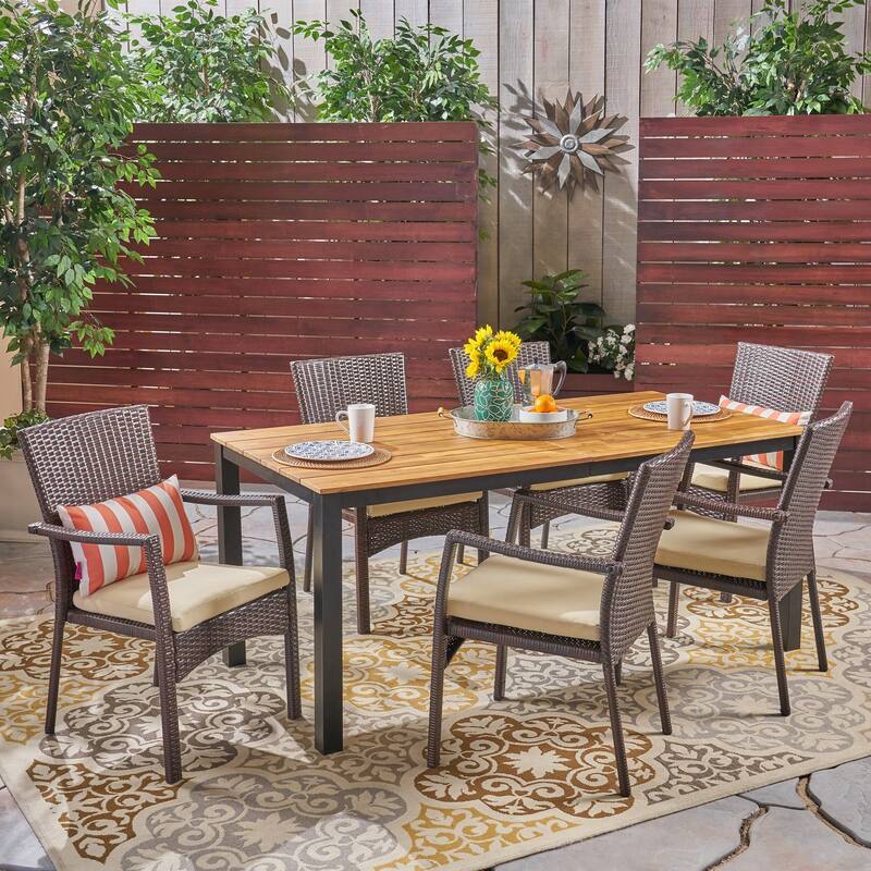 Marconi Outdoor 7 Piece Acacia Wood Dining Set with Wicker Chairs by Christopher Knight Home