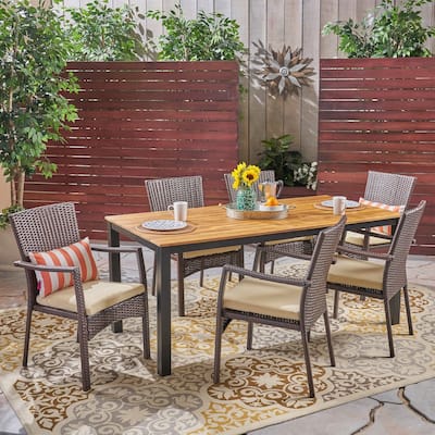 Marconi Outdoor 7 Piece Acacia Wood Dining Set with Wicker Chairs by Christopher Knight Home