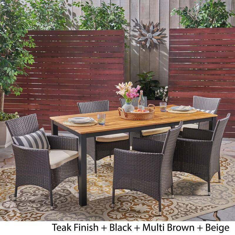 Dane Outdoor 7 Piece Acacia Wood Dining Set with Wicker Chairs by Christopher Knight Home