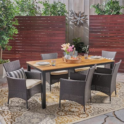 Dane Outdoor 7 Piece Acacia Wood Dining Set with Wicker Chairs by Christopher Knight Home
