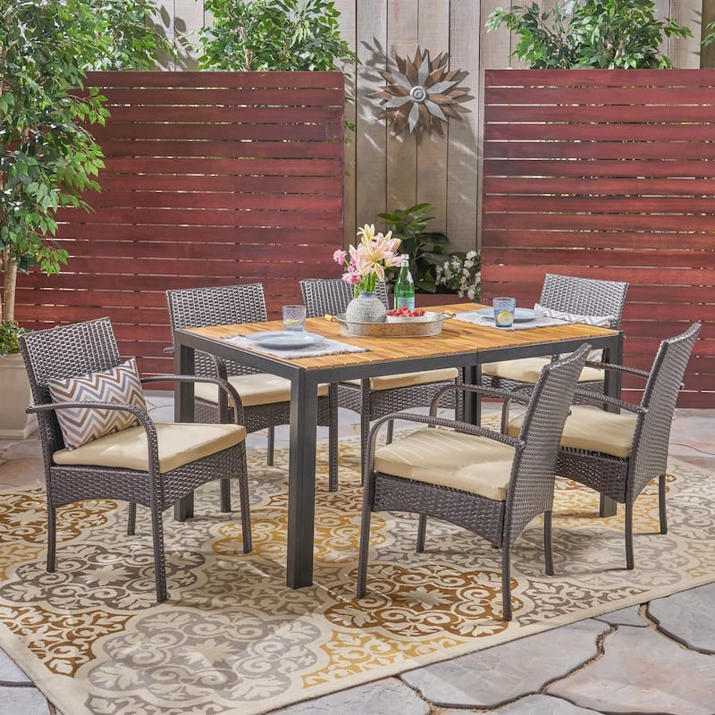 Miles Outdoor 6-Seater Rectangular Acacia Wood and Wicker Dining Set by Christopher Knight Home