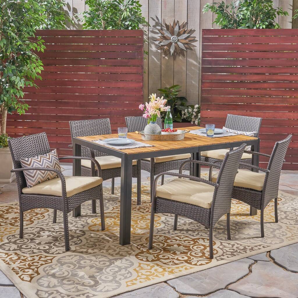 Miles Outdoor 6-Seater Rectangular Acacia Wood and Wicker Dining Set by Christopher Knight Home