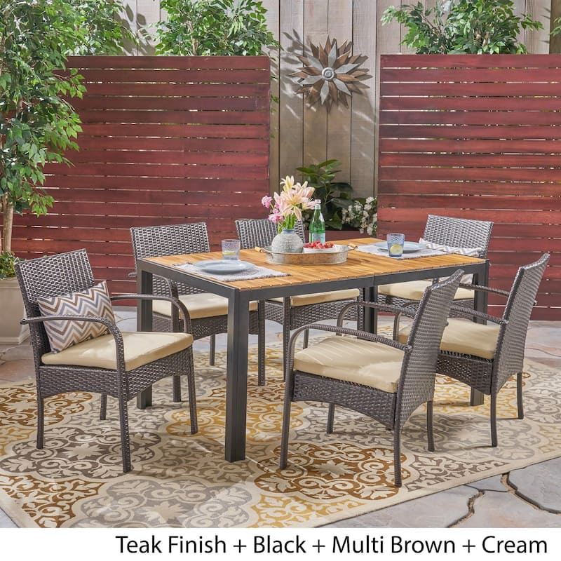 Miles Outdoor 6-Seater Rectangular Acacia Wood and Wicker Dining Set by Christopher Knight Home