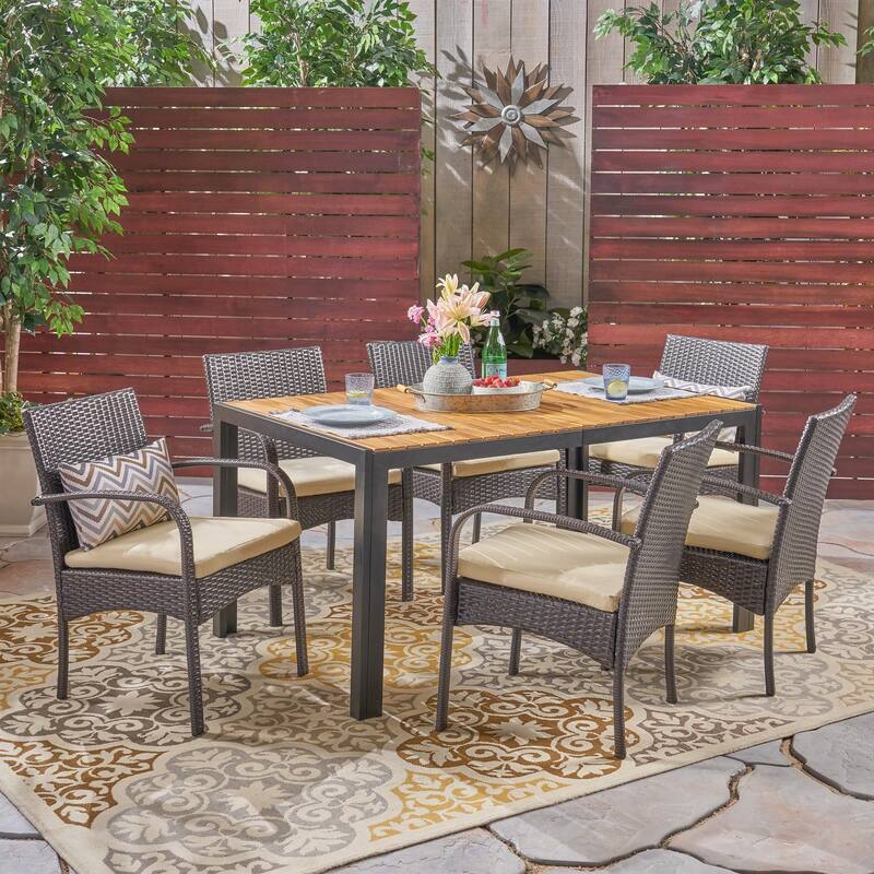 Miles Outdoor 6-Seater Rectangular Acacia Wood and Wicker Dining Set by Christopher Knight Home - teak + black + multi brown + cream cushion
