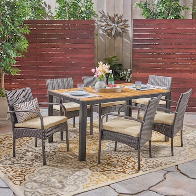 Miles Outdoor 6-Seater Rectangular Acacia Wood and Wicker Dining Set by Christopher Knight Home