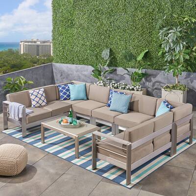 Cape Coral Outdoor 9-Seater Aluminum Sectional Sofa Set with Coffee Table by Christopher Knight Home
