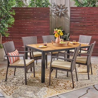 Goodwin Outdoor 6-Seater Rectangular Acacia Wood and Wicker Dining Set by Christopher Knight Home