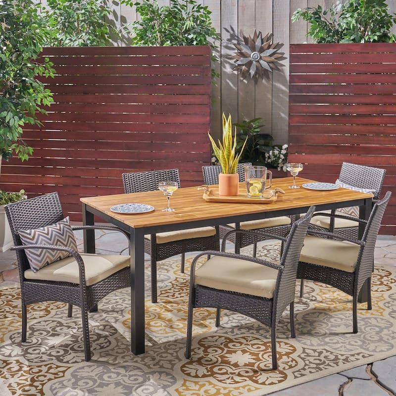 Ballard Outdoor 7 Piece Acacia Wood Dining Set with Wicker Chairs by Christopher Knight Home - teak + black + multi brown + cream cushion