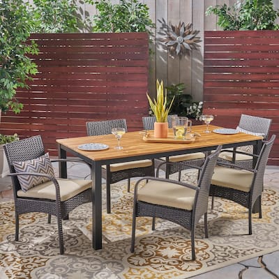 Ballard Outdoor 7 Piece Acacia Wood Dining Set with Wicker Chairs by Christopher Knight Home