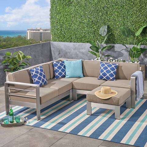 Cape Coral Outdoor 5-Seater V-Shape Aluminum Sectional Sofa Set with Ottoman by Christopher Knight Home