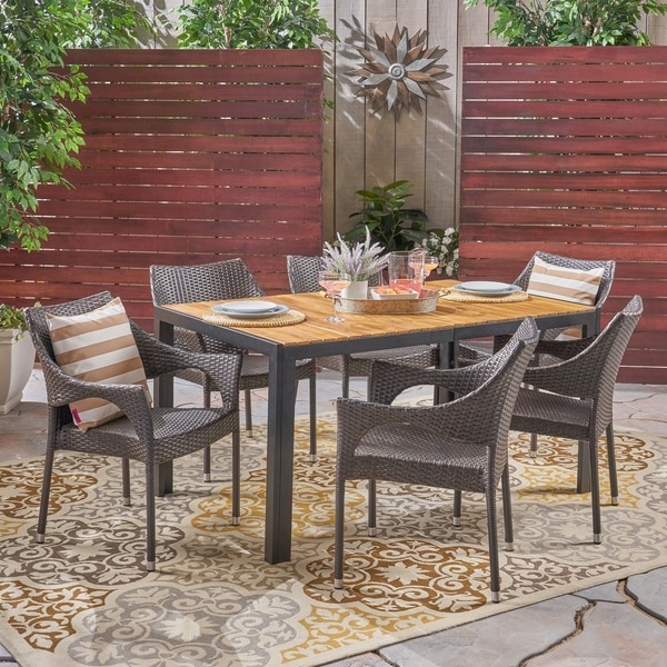 Ramstead Outdoor 6-Seater Rectangular Acacia Wood and Wicker Dining Set by Christopher Knight Home