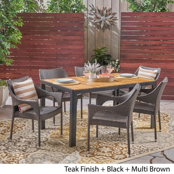 Ramstead Outdoor 6-Seater Rectangular Acacia Wood and Wicker Dining Set ...