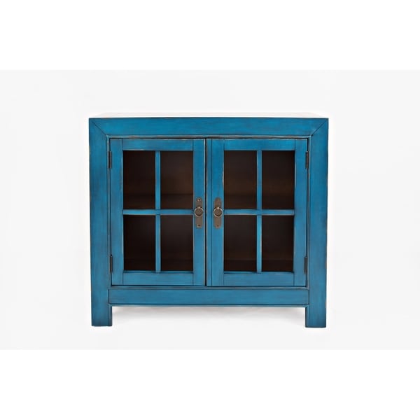 Wooden Accent Cabinet with Two Glass Inserted Doors, Blue