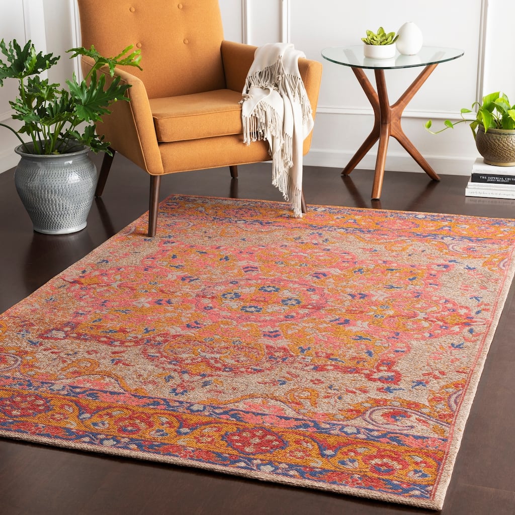 Capricia Orange Handmade Chenille Medallion Accent Rug - 2' x 3'