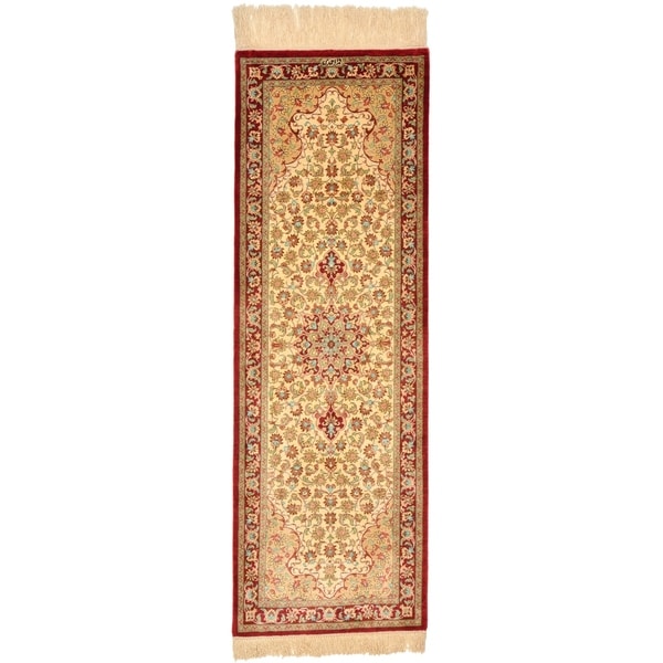Hand Knotted Qom Silk Runner Rug - 1' 4 x 3' 10