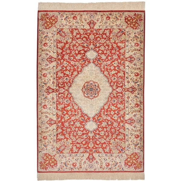Hand Knotted Qom Silk Area Rug - 3' 4 x 5'