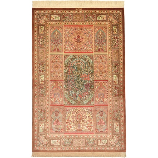 Hand Knotted Qom Silk Area Rug - 4' 4 x 6' 6