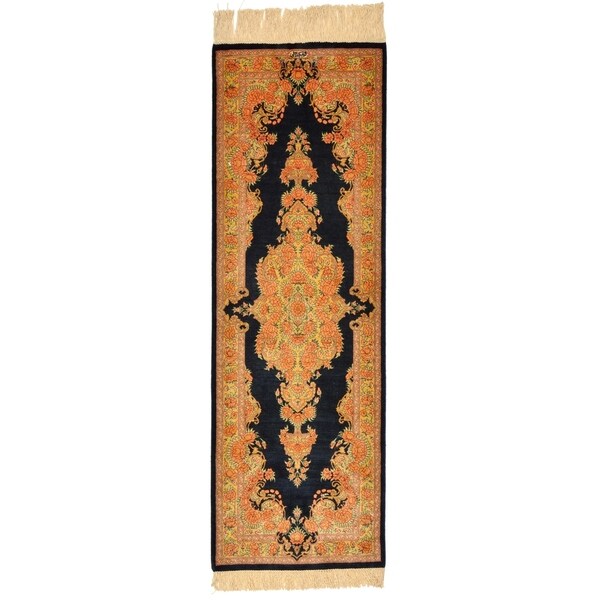 Hand Knotted Qom Silk Runner Rug - 1' 4 x 4'