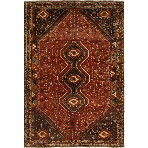 Hand Knotted Shiraz Semi Antique Wool Area Rug - 7' 4 x 10' 5