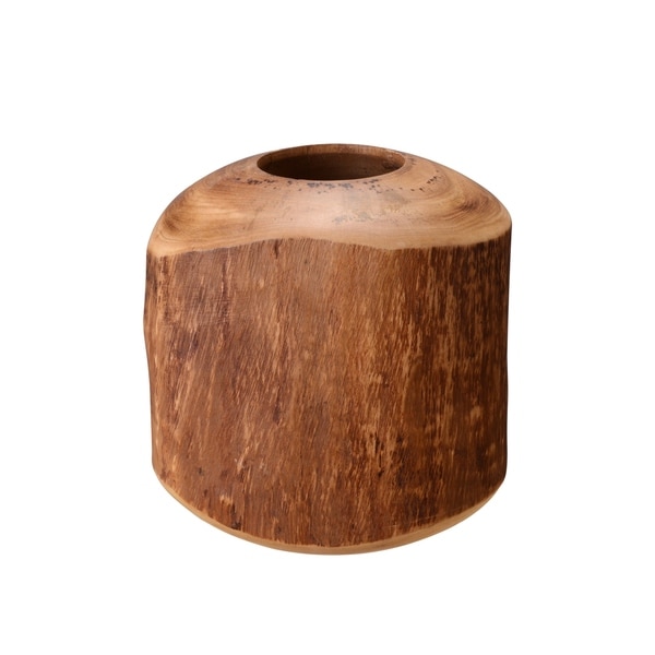 Villacera Handmade 8" Round Mango Wood Natural Barrel Vase