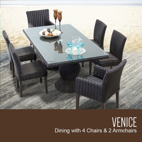 Venice Rectangular Outdoor Patio Dining Table with with 4 Armless Chairs and 2 Chairs w/ Arms