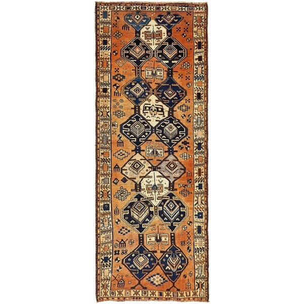 Hand Knotted Shiraz-Lori Semi Antique Wool Runner Rug - 4' 10 x 12' 3