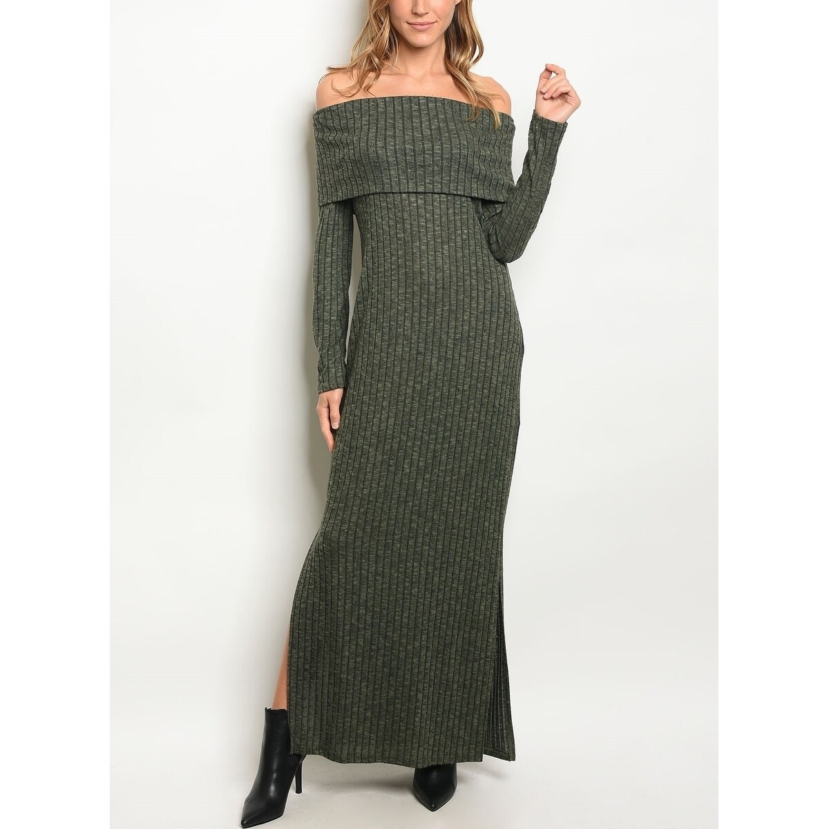 rib knit off the shoulder maxi dress