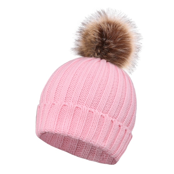 pink hat with fur pom pom