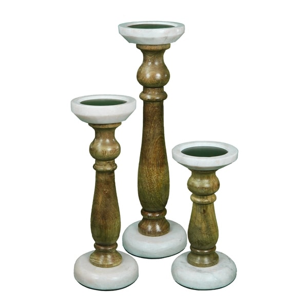 Essential Decor & Beyond 3 Piece Wood/Stone Candlestick Set EN38049 - 4.5 x 4.5 x 15