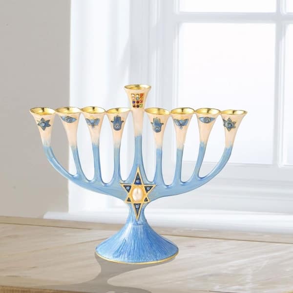 Matashi Hand Painted Enamel Menorah Candelabra w/ Star of David Design