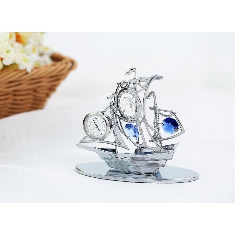 Matashi Chrome Silver Sailboat Tabletop Ornament with Clock Blue Crystals Home or Work Decoration