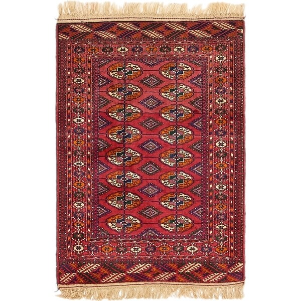 Hand Knotted Torkaman Wool Area Rug - 2' 8 x 4'