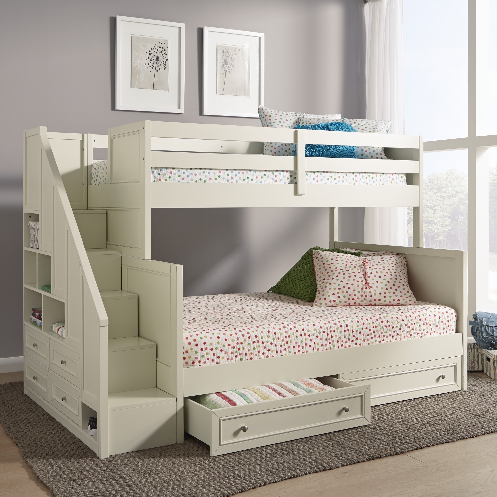white twin over full bunk bed with storage