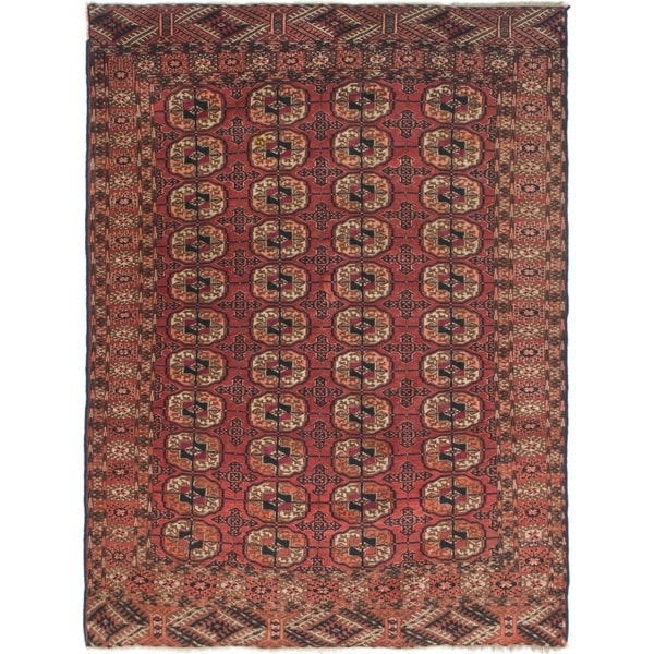 Hand Knotted Torkaman Semi Antique Wool Area Rug - 4' 2 x 5' 7