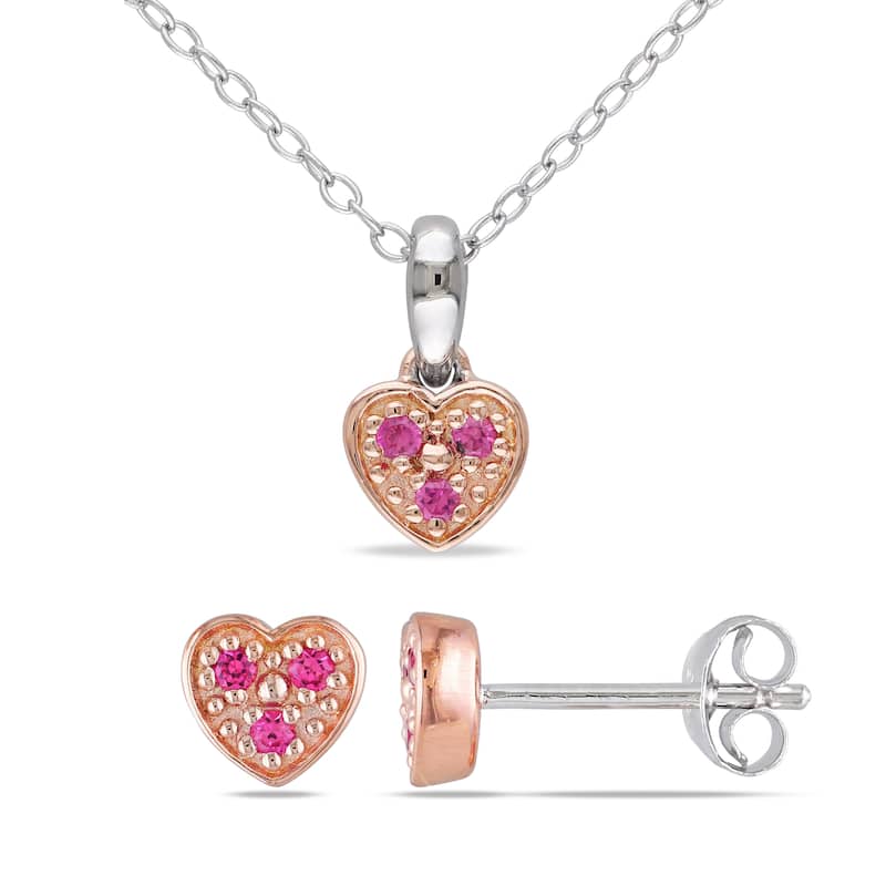 Miadora Rose Plated Sterling Silver Created Pink Sapphire Heart Necklace and Earrings Set