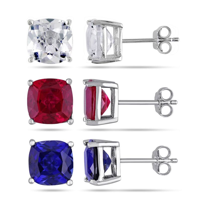 Miadora Sterling Silver Created Ruby & Created Blue & White Sapphire Solitaire Stud Earring Set