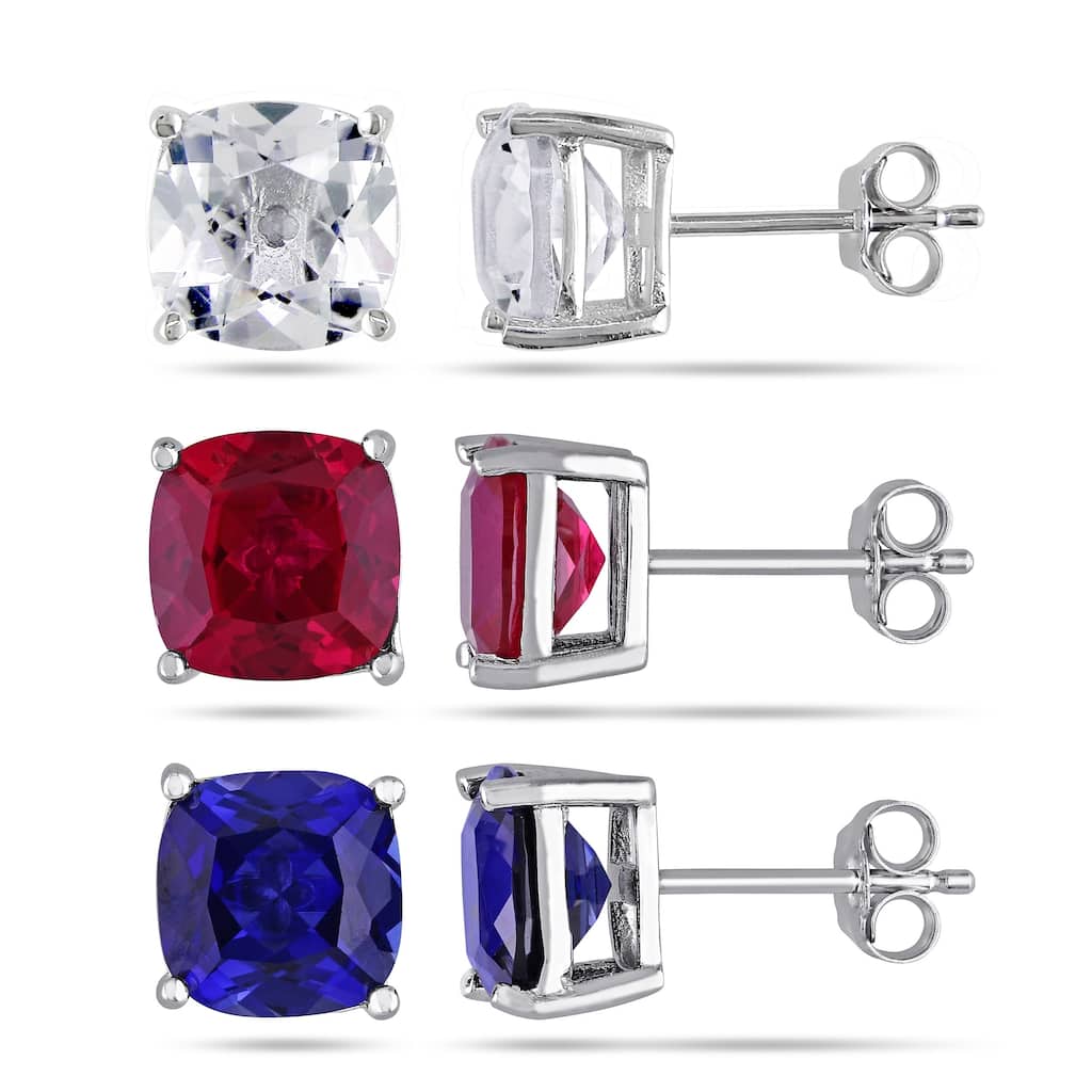 Miadora Sterling Silver Created Ruby & Created Blue & White Sapphire Solitaire Stud Earring Set