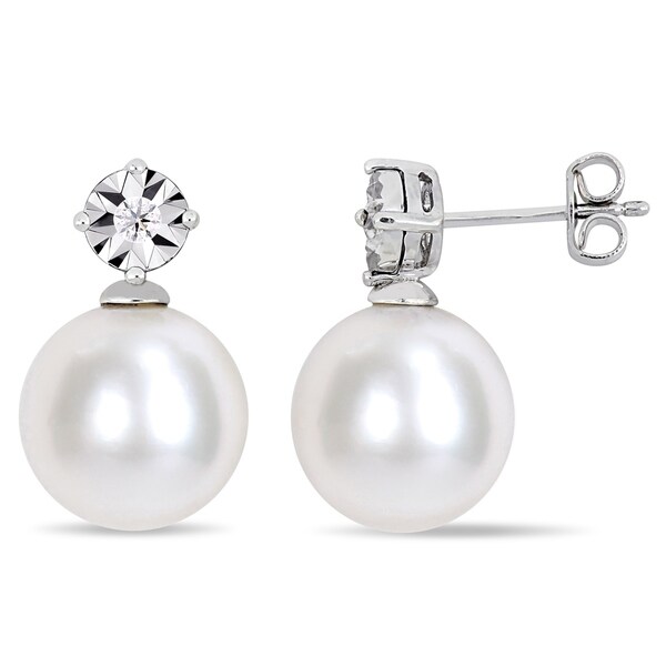 Miadora Sterling Silver Cultured Freshwater Pearl and Diamond Drop Earrings (7.5-8mm). Opens flyout.