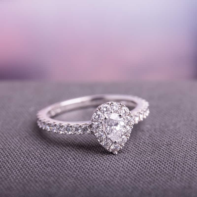 1ct TDW Diamond Teardrop Halo Engagement Ring in 14k White Gold by Miadora