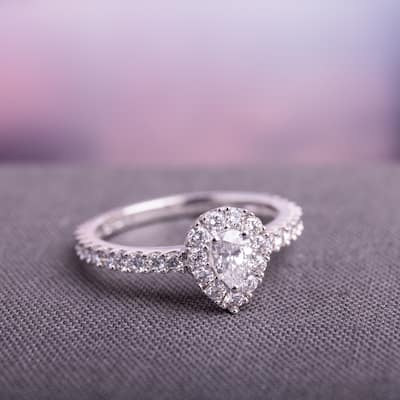 1ct TDW Diamond Teardrop Halo Engagement Ring in 14k White Gold by Miadora