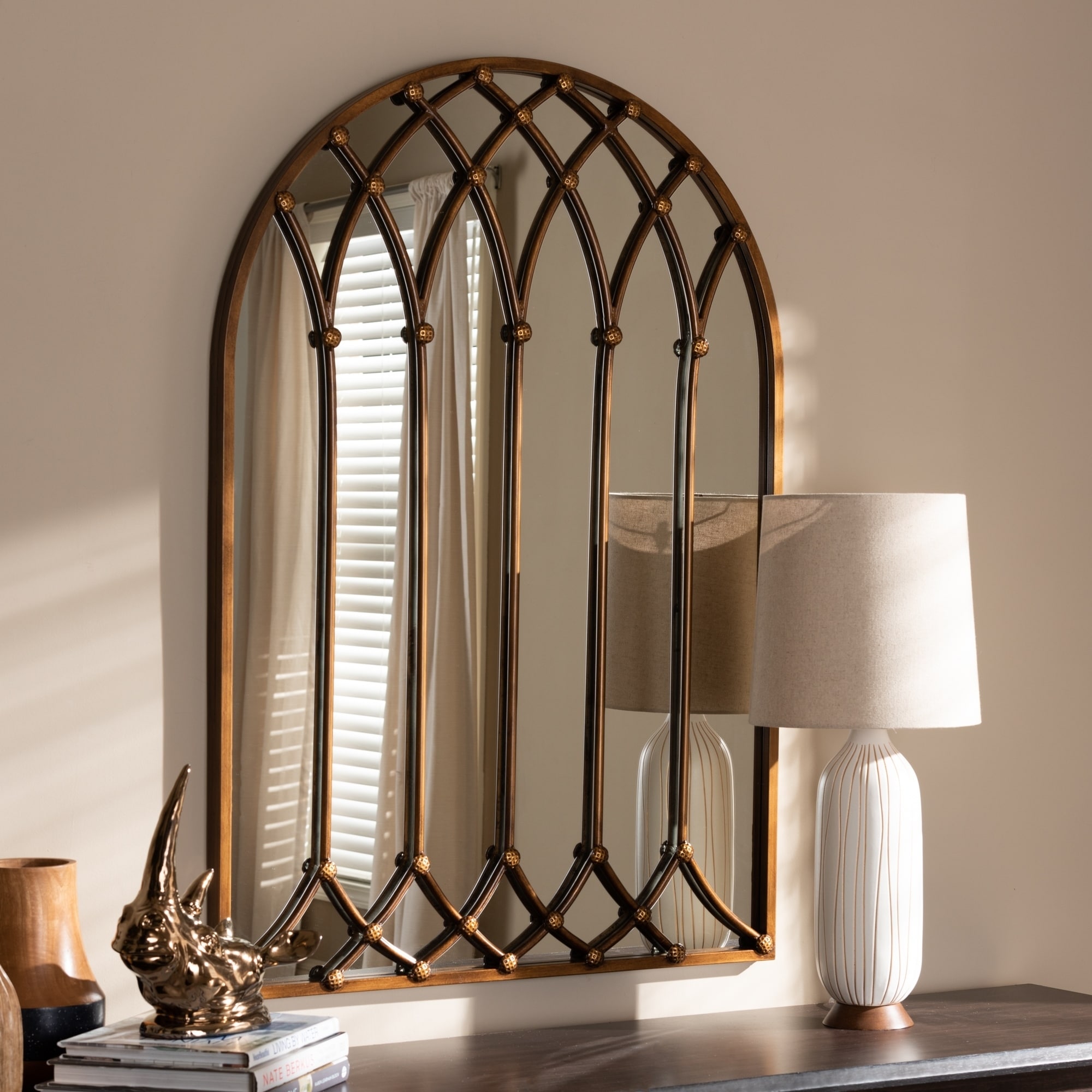 Vintage Antique Bronze Arched Window Wall Mirror by Baxton Studio - Antique Bronze