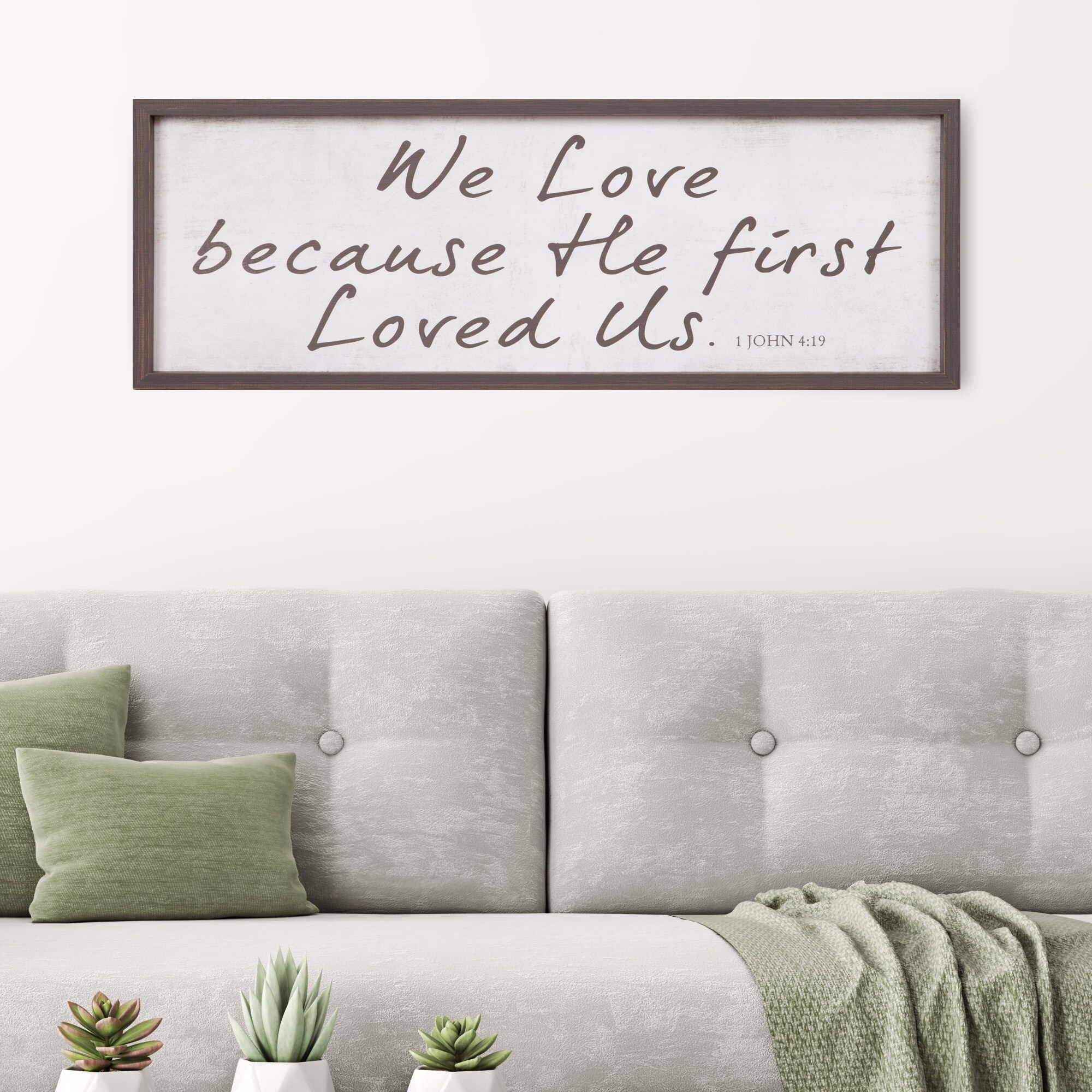 Shop Patton Wall Decor We Love Because He First Loved Us Bible Verse Rustic Wood Framed Wall Art Decor 12x36 White Overstock 24081446