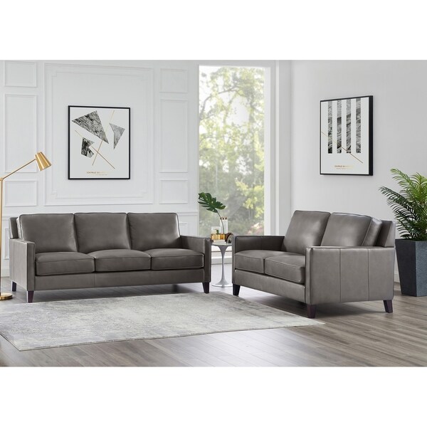 Topia Grey Top Grain Leather Sofa And Loveseat Set
